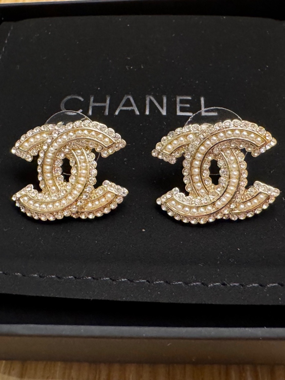 Super Rare New Chanel Classic CC Logo Pearl, Crystal & Gold Stud Earrings